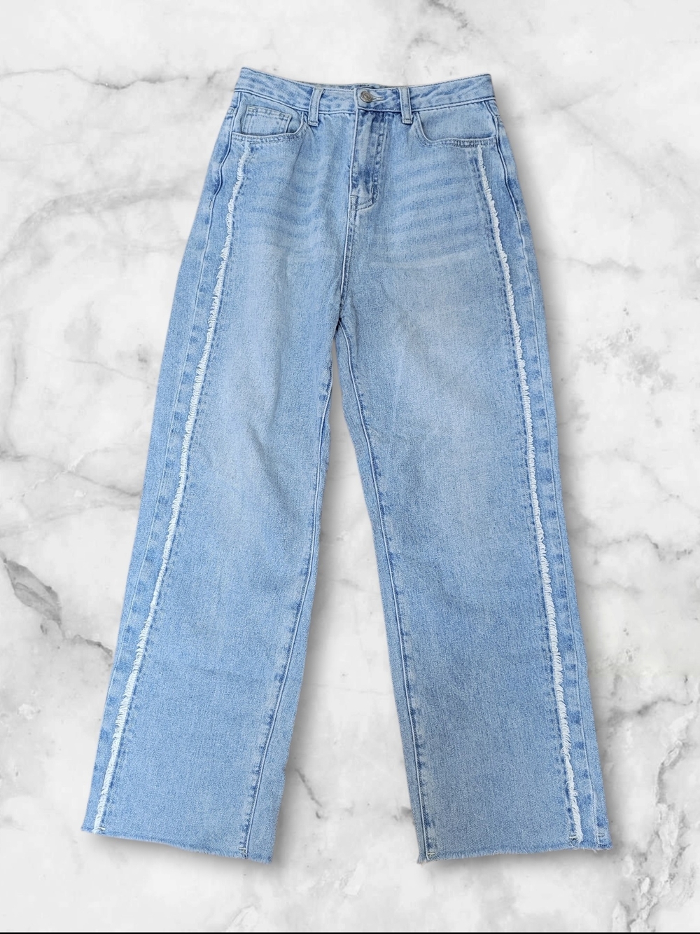 Light Wash High-Rise Wide Leg Jeans with Frayed Side Seams